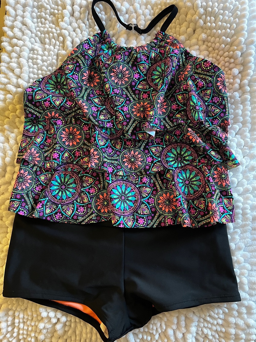 wonder nation Black Tankini with Multicolor Floral Mosaic Top Size Large (10/12)